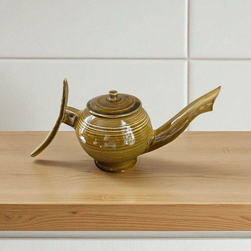 Ceramic Teapot Steeper Vintage Handmade Unique Design Glazed Brown Mustard Color